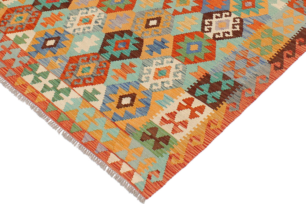 handmade Geometric Kilim Blue Rust Hand-Woven RECTANGLE 100% WOOL area rug 4 x 6