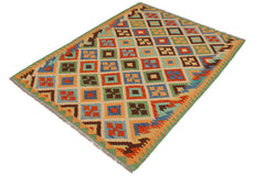 handmade Geometric Kilim Beige Green Hand-Woven RECTANGLE 100% WOOL area rug 4 x 6