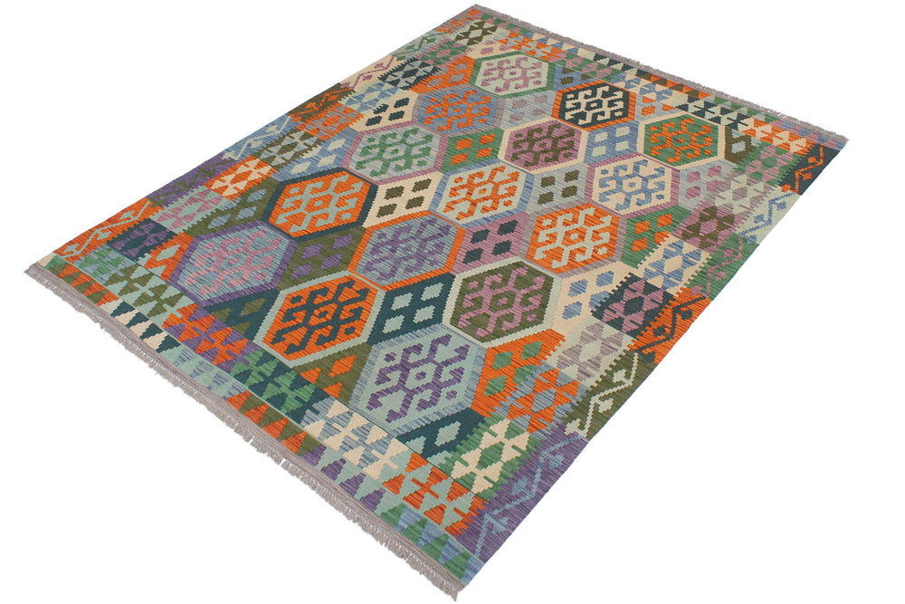 handmade Geometric Kilim Blue Beige Hand-Woven RECTANGLE 100% WOOL area rug 5x6