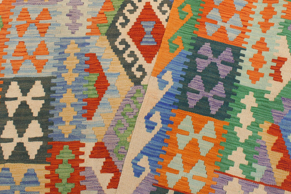 handmade Geometric Kilim Rust Blue Hand-Woven RECTANGLE 100% WOOL area rug 5x6