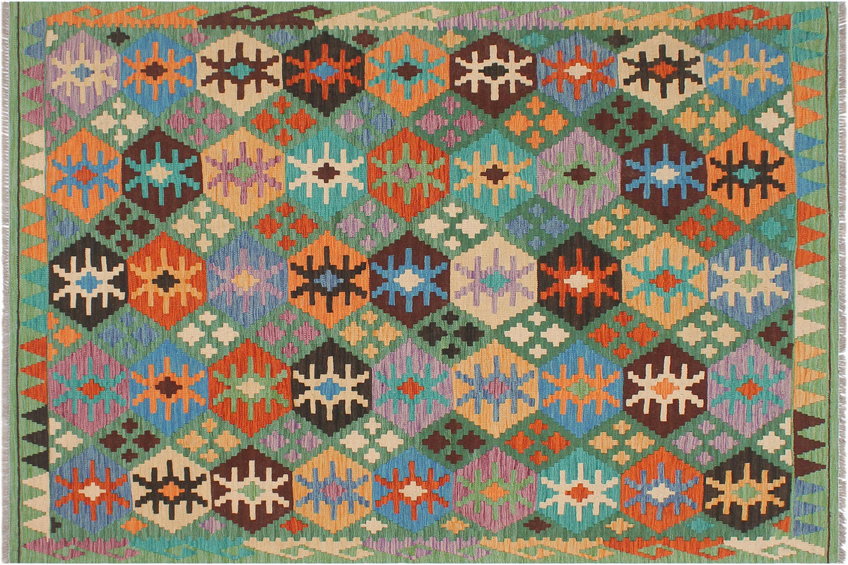 handmade Geometric Kilim Green Blue Hand-Woven RECTANGLE 100% WOOL area rug 5 x 7