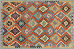 handmade Geometric Kilim Rust Blue Hand-Woven RECTANGLE 100% WOOL area rug 5x6