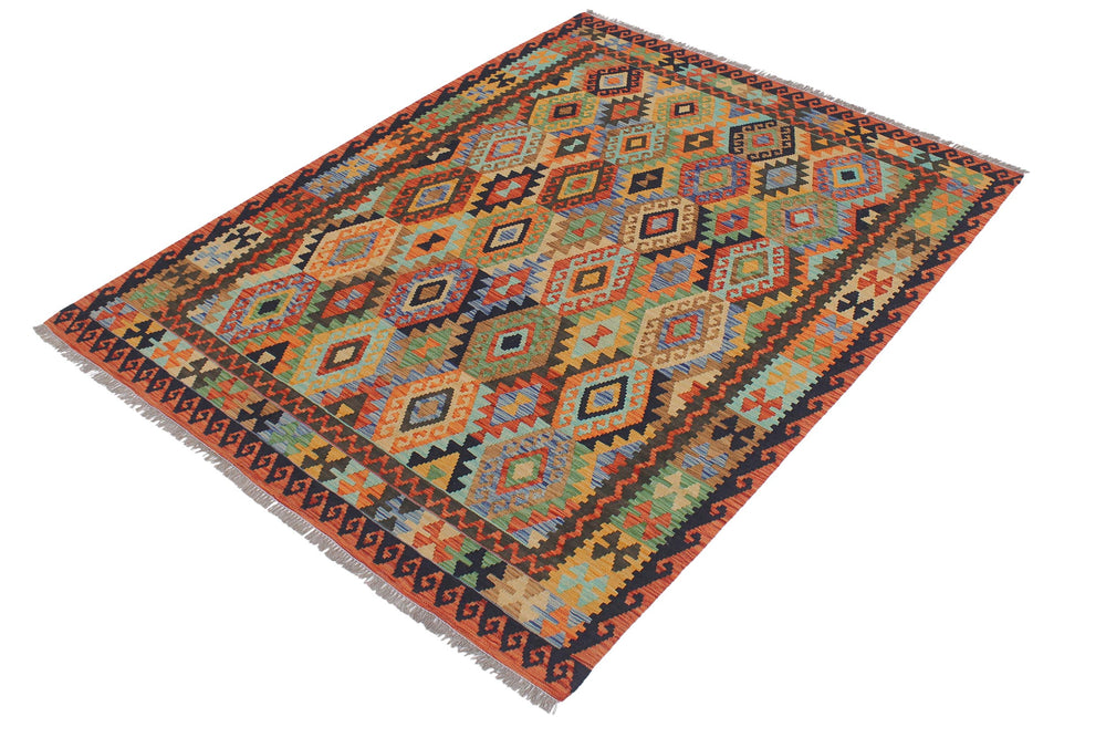 handmade Geometric Kilim Blue Rust Hand-Woven RECTANGLE 100% WOOL area rug 5x6