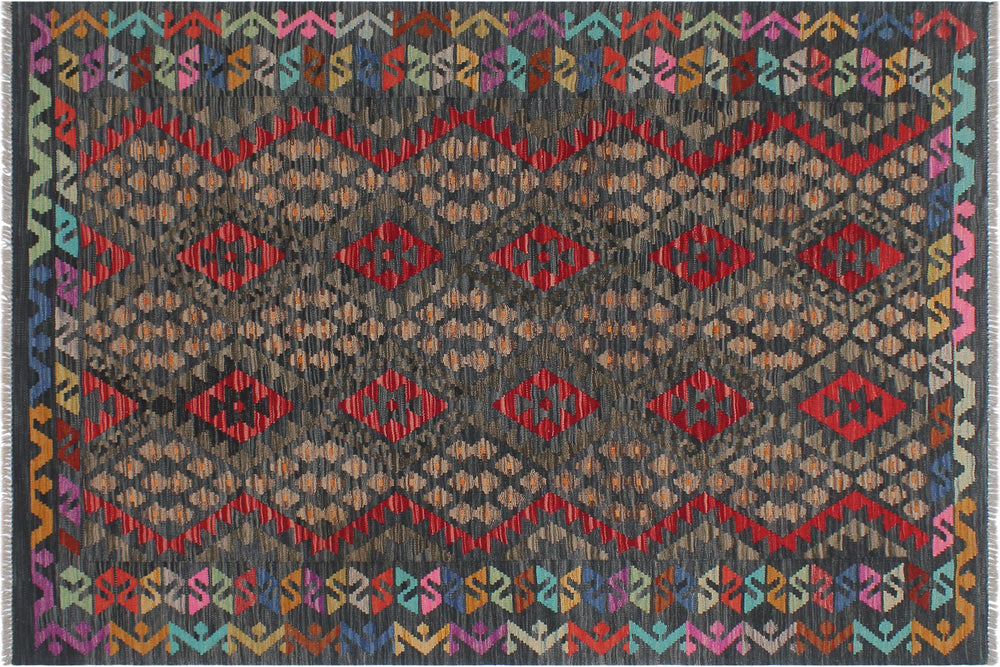 handmade Geometric Kilim Red Green Hand-Woven RECTANGLE 100% WOOL area rug 5 x 7