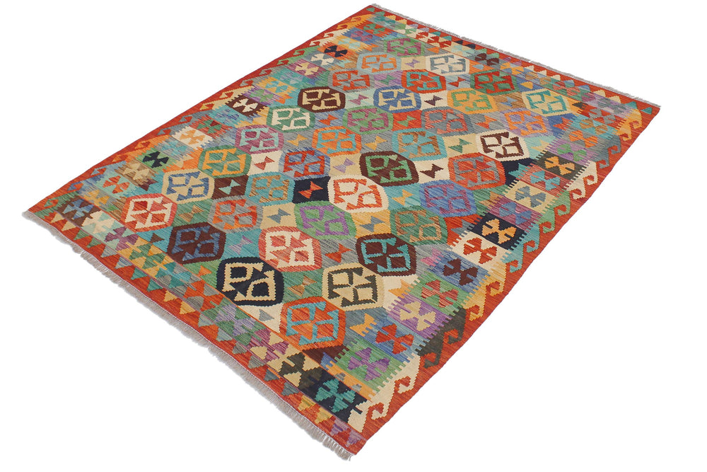 handmade Geometric Kilim Blue Rust Hand-Woven RECTANGLE 100% WOOL area rug 5x6