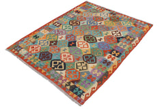 handmade Geometric Kilim Blue Rust Hand-Woven RECTANGLE 100% WOOL area rug 5x6