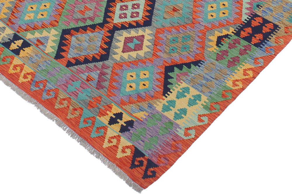 handmade Geometric Kilim Blue Rust Hand-Woven RECTANGLE 100% WOOL area rug 6 x 8