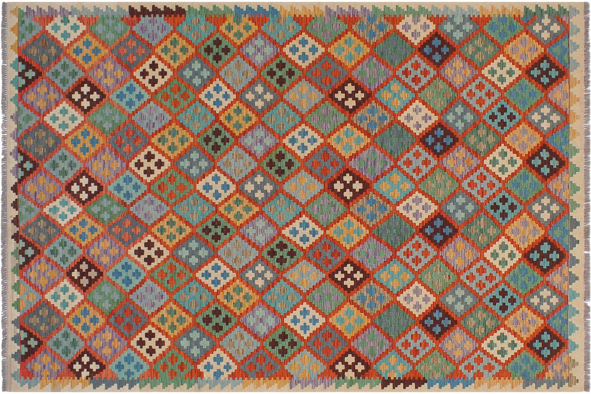 handmade Geometric Kilim Rust Beige Hand-Woven RECTANGLE 100% WOOL area rug 6 x 8