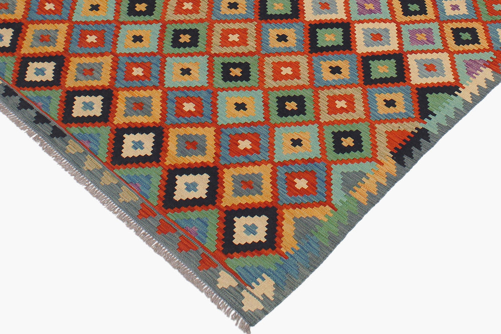 handmade Geometric Kilim Rust Blue Hand-Woven RECTANGLE 100% WOOL area rug 6 x 8