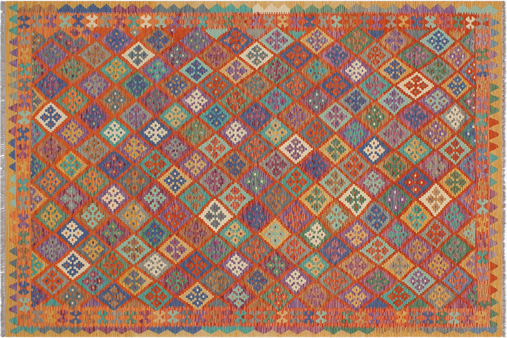 handmade Geometric Kilim Rust Gold Hand-Woven RECTANGLE 100% WOOL area rug 6 x 8