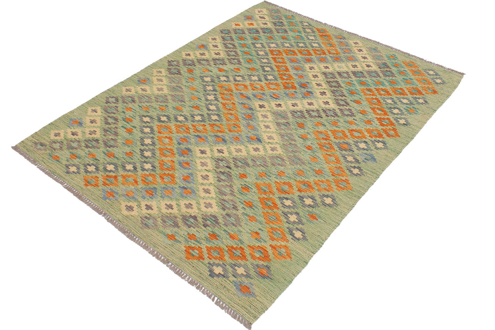 handmade Modern Kilim Green Blue Hand-Woven RECTANGLE 100% WOOL area rug 4x6