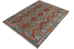 handmade Geometric Kilim Charcoal Red Hand-Woven RECTANGLE 100% WOOL area rug 4' x 6'