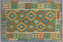 handmade Geometric Kilim Green Blue Hand-Woven RECTANGLE 100% WOOL area rug 3 x 5