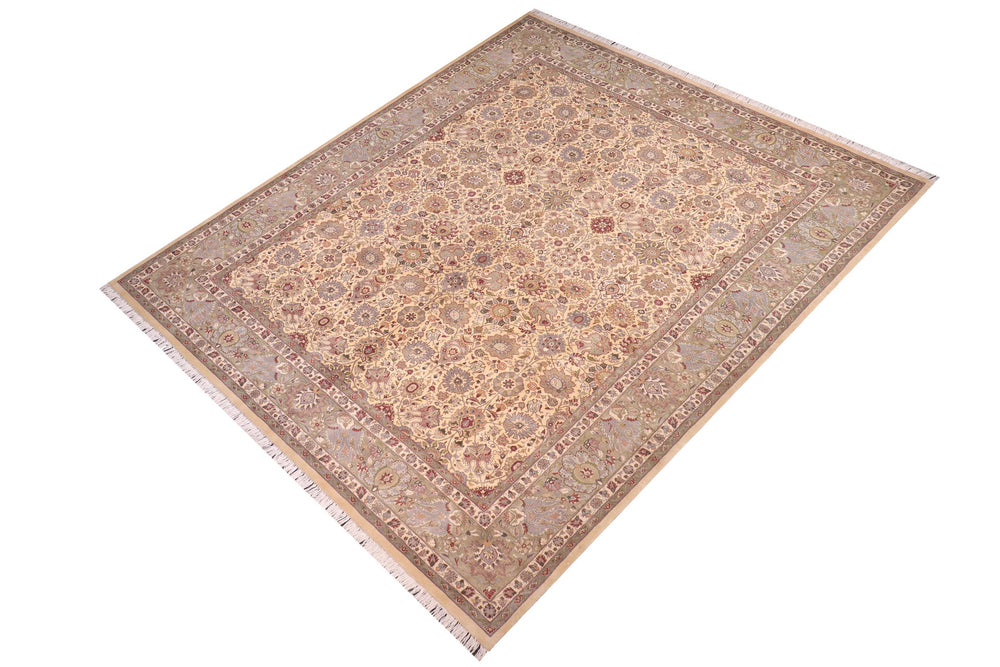 handmade Transitional Tabriz Gold Green Hand Knotted RECTANGLE 100% WOOL area rug 10x14