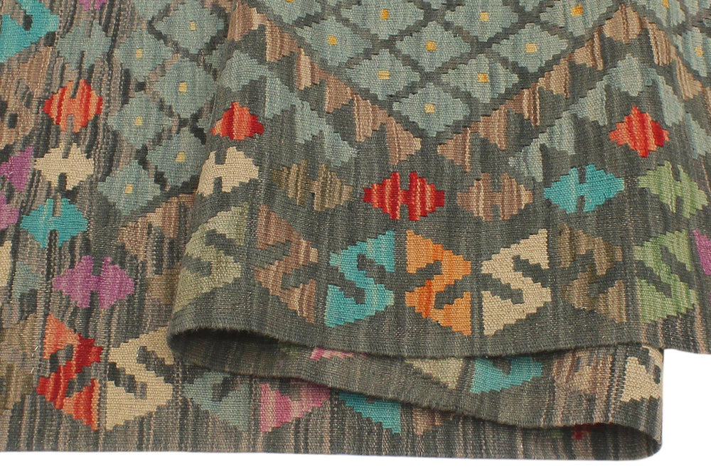 handmade Geometric Kilim Green Red Hand-Woven RECTANGLE 100% WOOL area rug 4' x 6'