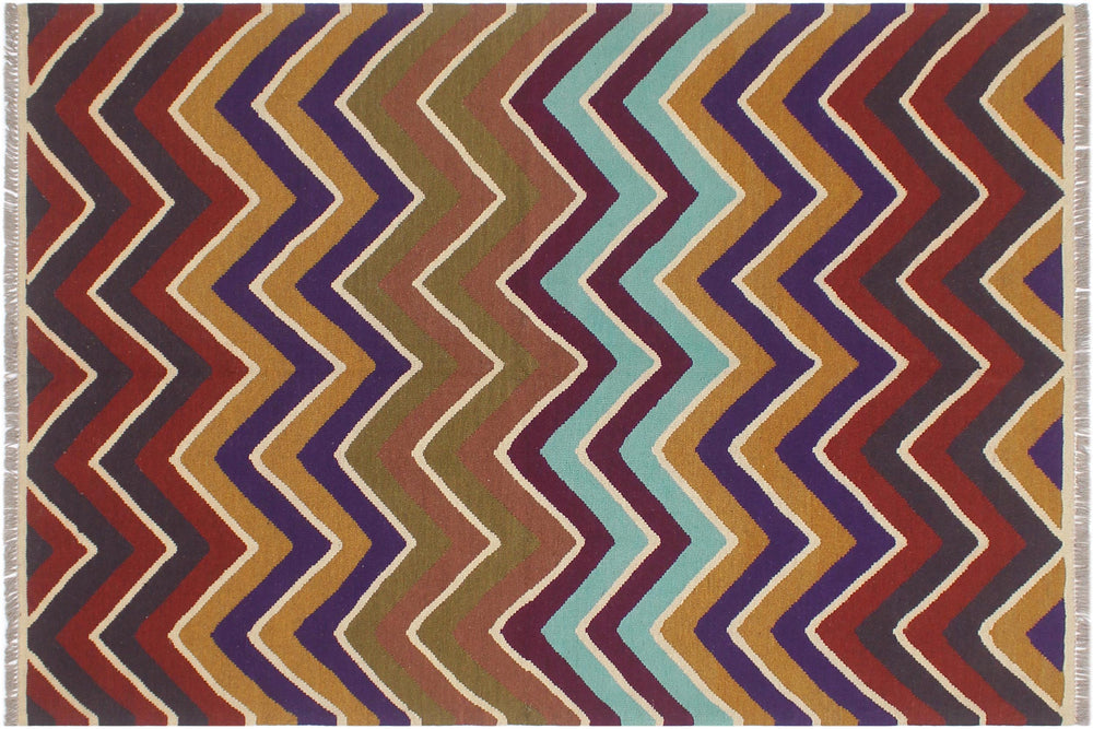 handmade Modern Kilim Blue Beige Hand-Woven RECTANGLE 100% WOOL area rug 5x7