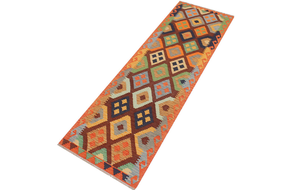 handmade Geometric Kilim Brown Rust Hand-Woven RUNNER 100% WOOL area rug 3 x 9
