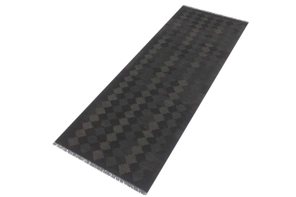 handmade Modern Kilim Black Green Hand-Woven RUNNER 100% WOOL area rug 3' x 8'