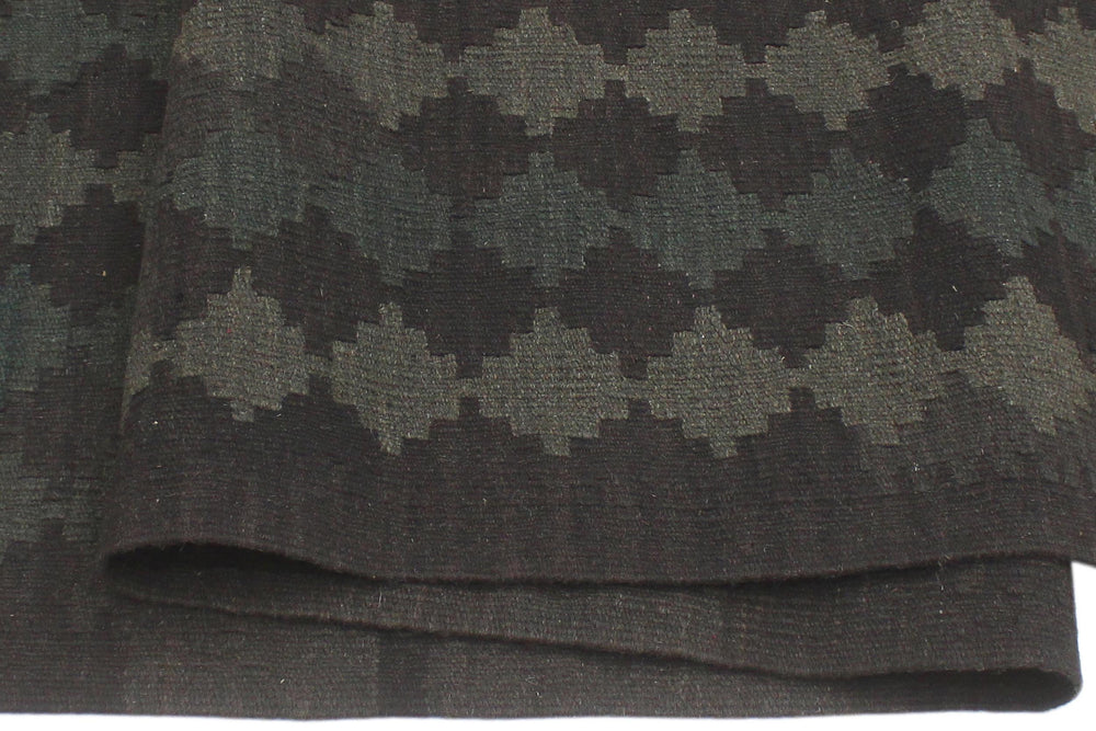handmade Modern Kilim Black Green Hand-Woven RUNNER 100% WOOL area rug 3' x 8'