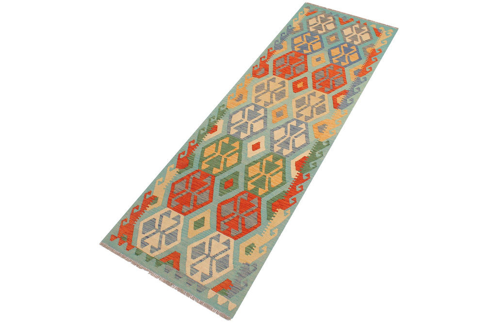 handmade Geometric Kilim Blue Rust Hand-Woven RUNNER 100% WOOL area rug 3 x 9