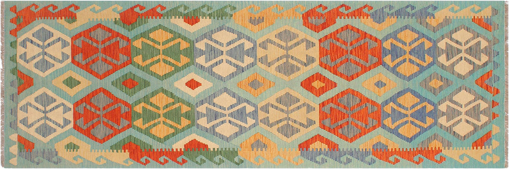handmade Geometric Kilim Blue Rust Hand-Woven RUNNER 100% WOOL area rug 3 x 9