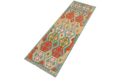 handmade Geometric Kilim Blue Rust Hand-Woven RUNNER 100% WOOL area rug 3 x 9