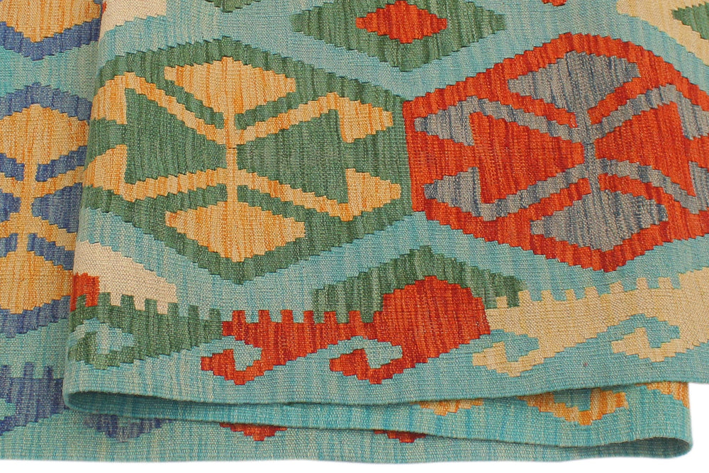 handmade Geometric Kilim Blue Rust Hand-Woven RUNNER 100% WOOL area rug 3 x 9
