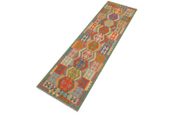 handmade Geometric Kilim Rust Green Hand-Woven RUNNER 100% WOOL area rug 3' x 10'