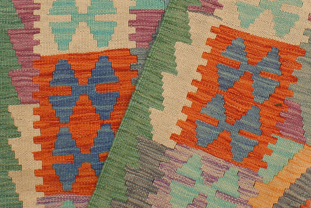 handmade Geometric Kilim Rust Green Hand-Woven RUNNER 100% WOOL area rug 3' x 10'