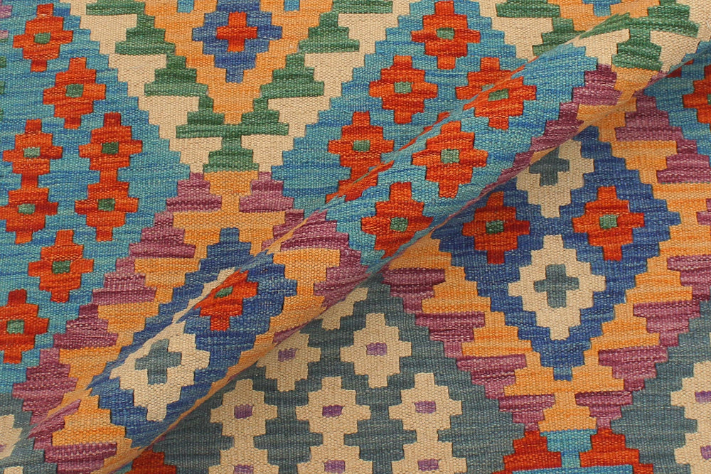 handmade Geometric Kilim Blue Rust Hand-Woven RUNNER 100% WOOL area rug 3 x 10