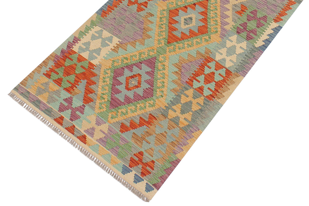 handmade Geometric Kilim Gold Blue Hand-Woven RUNNER 100% WOOL area rug 3' x 10'