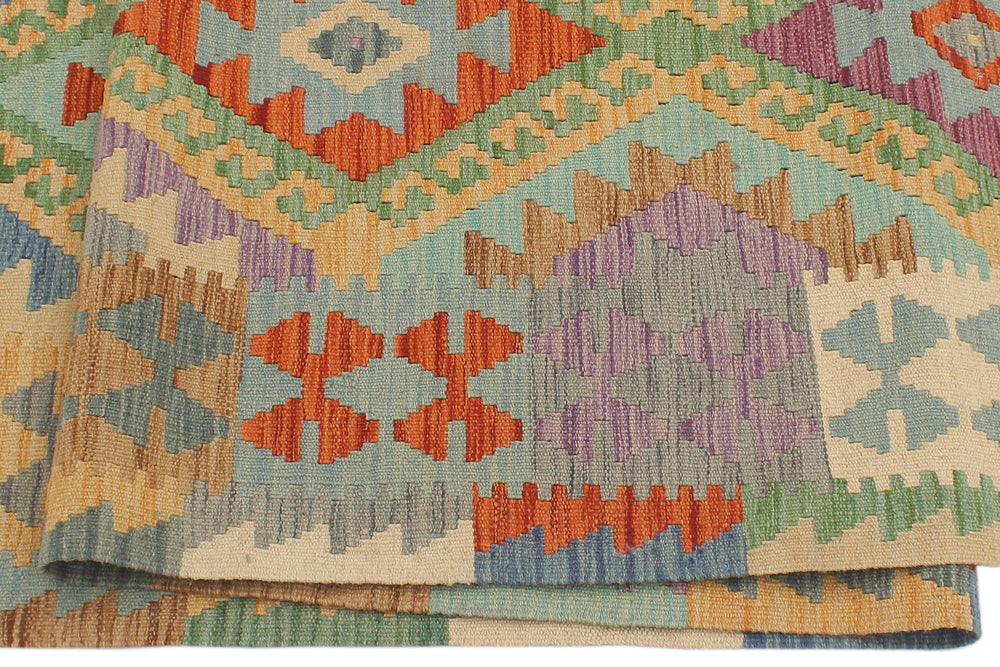 handmade Geometric Kilim Gold Blue Hand-Woven RUNNER 100% WOOL area rug 3' x 10'