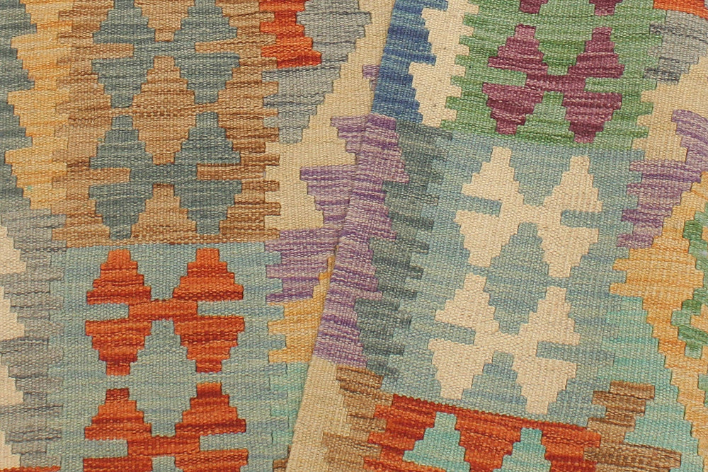 handmade Geometric Kilim Gold Blue Hand-Woven RUNNER 100% WOOL area rug 3' x 10'