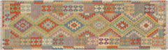 handmade Geometric Kilim Gold Blue Hand-Woven RUNNER 100% WOOL area rug 3' x 10'