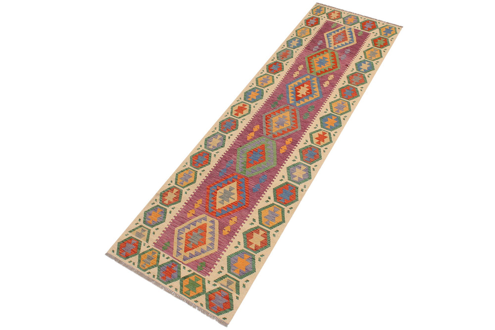 handmade Geometric Kilim Purple Beige Hand-Woven RUNNER 100% WOOL area rug 3' x 10'