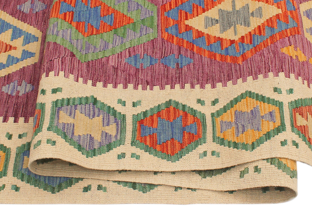 handmade Geometric Kilim Purple Beige Hand-Woven RUNNER 100% WOOL area rug 3' x 10'