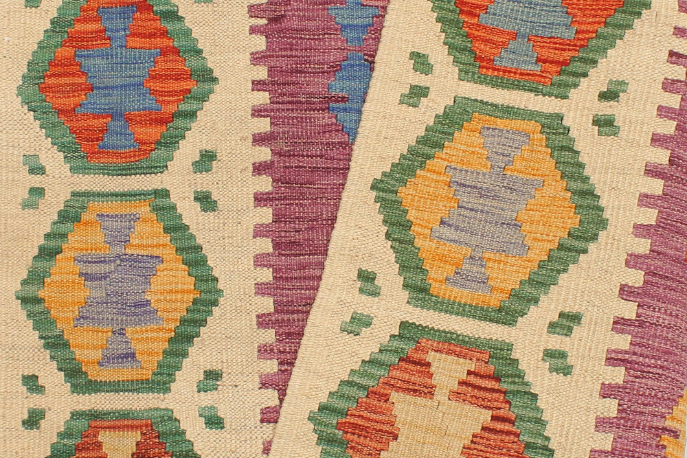 handmade Geometric Kilim Purple Beige Hand-Woven RUNNER 100% WOOL area rug 3' x 10'