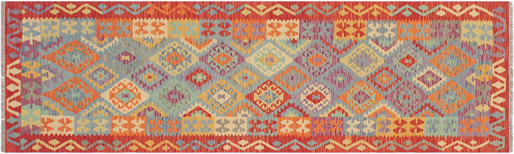 handmade Geometric Kilim Blue Rust Hand-Woven RUNNER 100% WOOL area rug 3 x 10