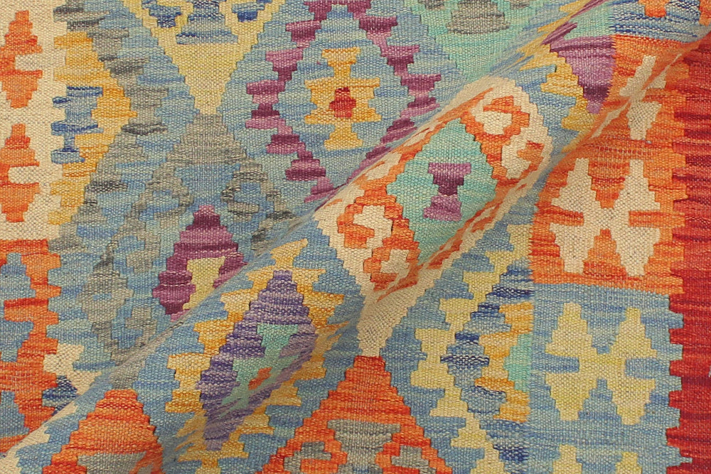 handmade Geometric Kilim Blue Rust Hand-Woven RUNNER 100% WOOL area rug 3 x 10