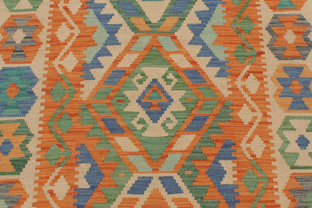 handmade Geometric Kilim Blue Beige Hand-Woven RUNNER 100% WOOL area rug 3' x 13'