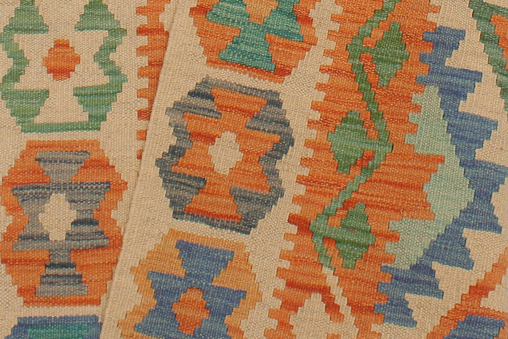 handmade Geometric Kilim Blue Beige Hand-Woven RUNNER 100% WOOL area rug 3' x 13'