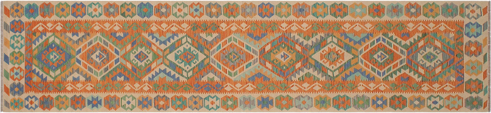 handmade Geometric Kilim Blue Beige Hand-Woven RUNNER 100% WOOL area rug 3' x 13'