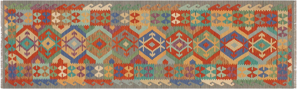 handmade Geometric Kilim Rust Gray Hand-Woven RUNNER 100% WOOL area rug 3' x 10'