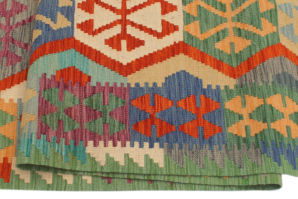 handmade Geometric Kilim Gray Green Hand-Woven RUNNER 100% WOOL area rug 3' x 10'