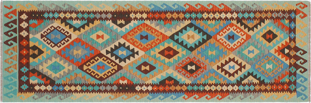 handmade Geometric Kilim Blue Rust Hand-Woven RUNNER 100% WOOL area rug 3 x 9