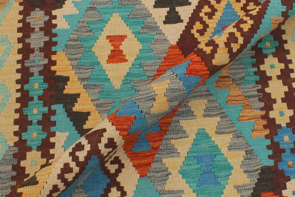 handmade Geometric Kilim Blue Rust Hand-Woven RUNNER 100% WOOL area rug 3 x 9