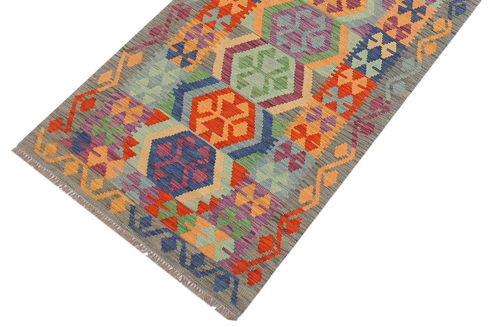 handmade Geometric Kilim Blue Gray Hand-Woven RUNNER 100% WOOL area rug 3' x 10'