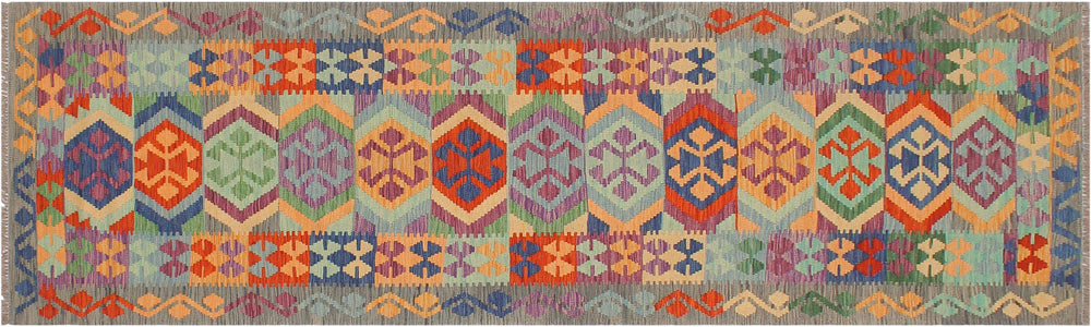 handmade Geometric Kilim Blue Gray Hand-Woven RUNNER 100% WOOL area rug 3' x 10'