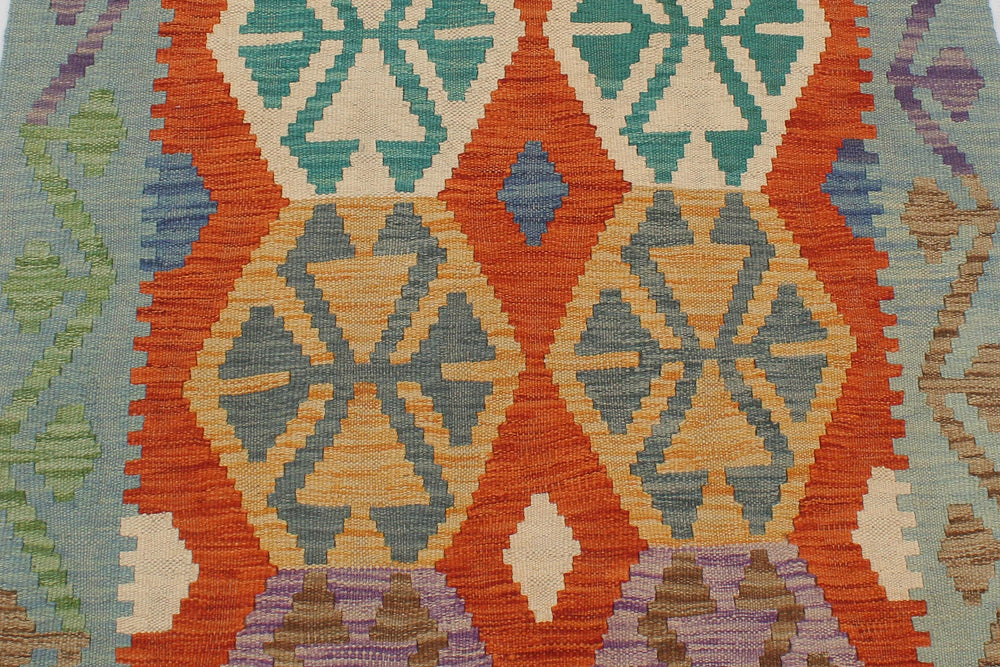 handmade Geometric Kilim Rust Blue Hand-Woven RUNNER 100% WOOL area rug 3 x 13