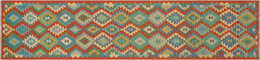 handmade Geometric Kilim Rust Blue Hand-Woven RUNNER 100% WOOL area rug 3 x 13